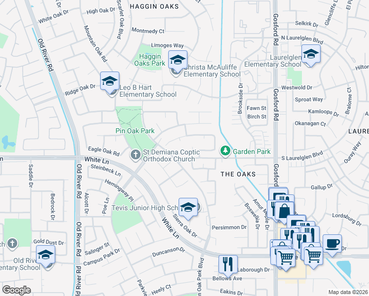 map of restaurants, bars, coffee shops, grocery stores, and more near 3200 Bridlewood Court in Bakersfield