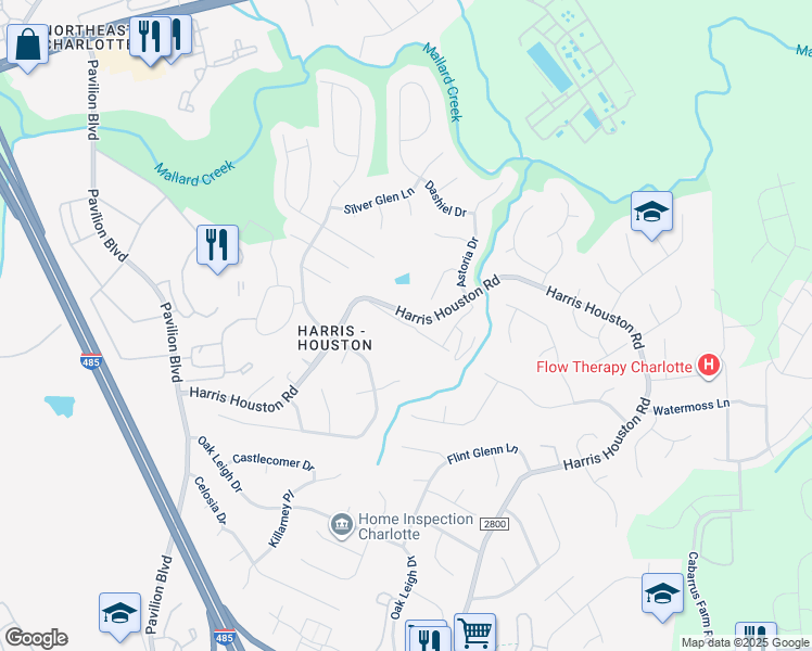 map of restaurants, bars, coffee shops, grocery stores, and more near 3500 Harris Houston Road in Charlotte