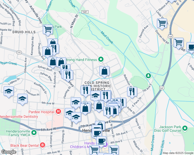 map of restaurants, bars, coffee shops, grocery stores, and more near 1202 Maple Street in Hendersonville