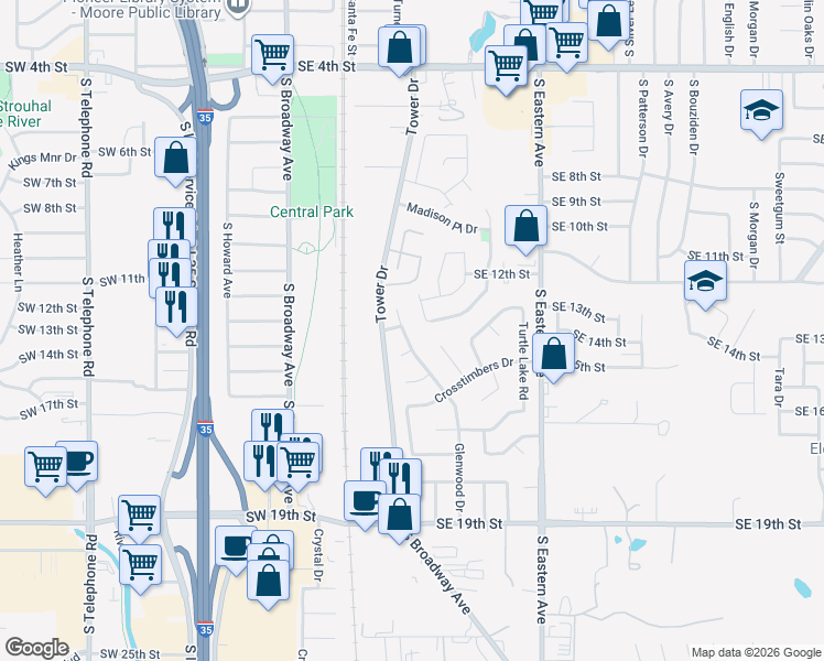 map of restaurants, bars, coffee shops, grocery stores, and more near 1216 Glenwood Drive in Moore