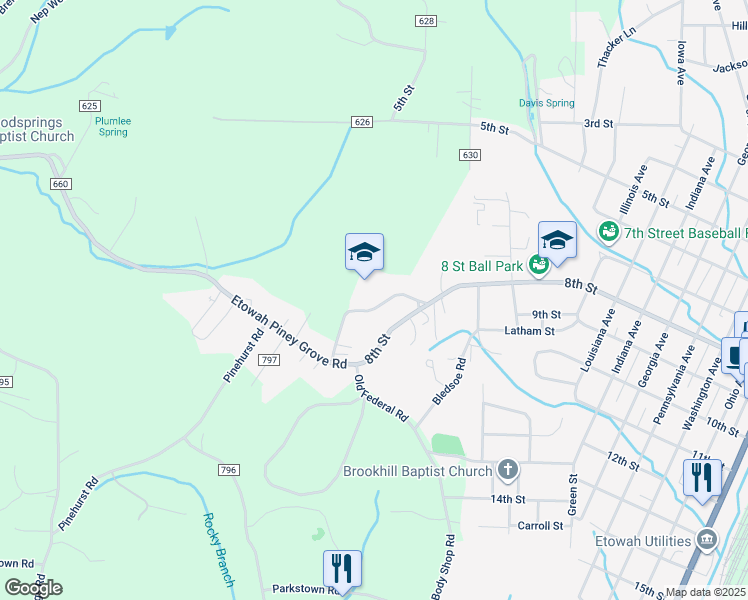 map of restaurants, bars, coffee shops, grocery stores, and more near 145 County Road 627 in Etowah