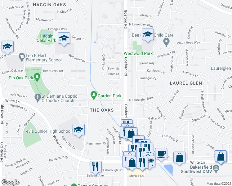 map of restaurants, bars, coffee shops, grocery stores, and more near 3204 Brookside Drive in Bakersfield
