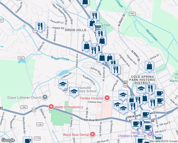 map of restaurants, bars, coffee shops, grocery stores, and more near 1142 Sylvan Boulevard in Hendersonville