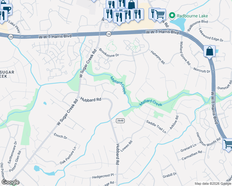 map of restaurants, bars, coffee shops, grocery stores, and more near 7210 Toxaway Lane in Charlotte