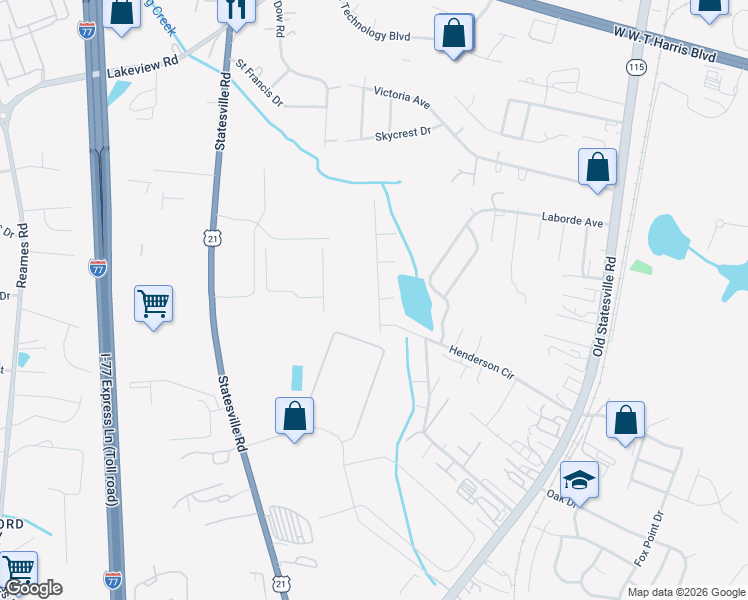 map of restaurants, bars, coffee shops, grocery stores, and more near 5628 Henderson Oaks Drive in Charlotte