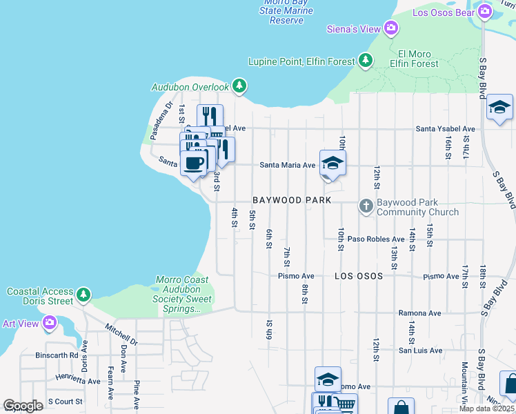 map of restaurants, bars, coffee shops, grocery stores, and more near 1412 5th Street in Baywood-Los Osos