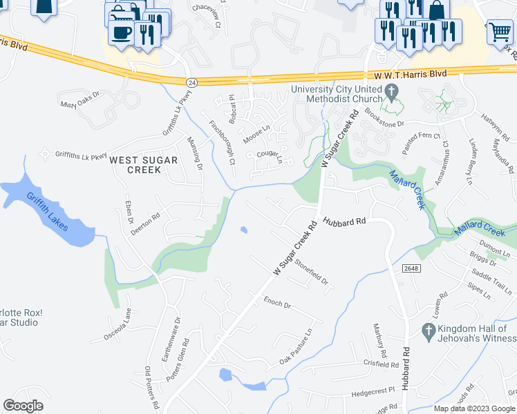 map of restaurants, bars, coffee shops, grocery stores, and more near 8510 Conner Ridge Lane in Charlotte