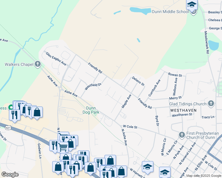 map of restaurants, bars, coffee shops, grocery stores, and more near 306 Village Square Drive in Dunn