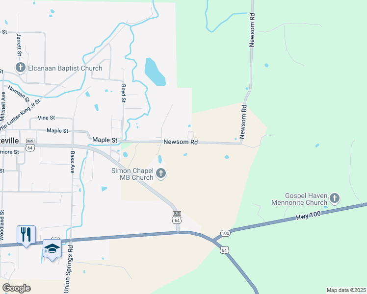 map of restaurants, bars, coffee shops, grocery stores, and more near 1055 Newsom Road in Whiteville