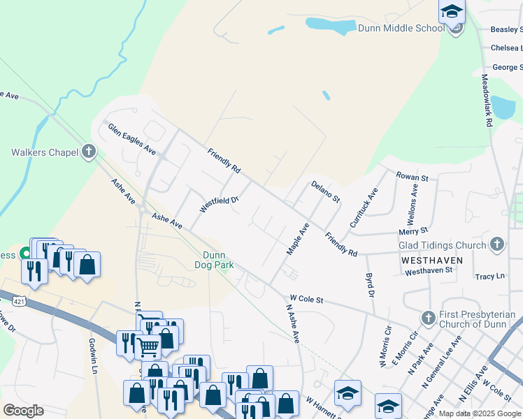 map of restaurants, bars, coffee shops, grocery stores, and more near 306 Village Square Drive in Dunn
