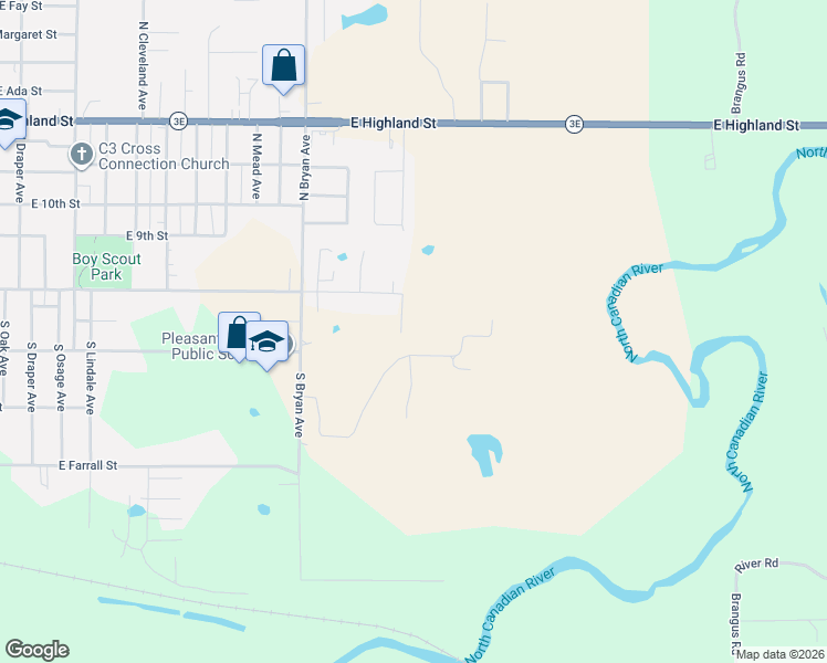 map of restaurants, bars, coffee shops, grocery stores, and more near 2305 East Main Street in Shawnee