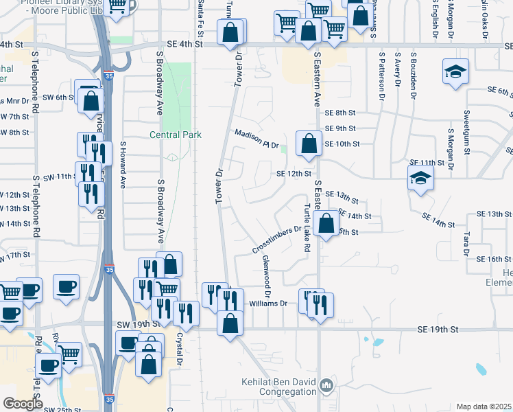 map of restaurants, bars, coffee shops, grocery stores, and more near 517 Stoneridge Drive in Moore