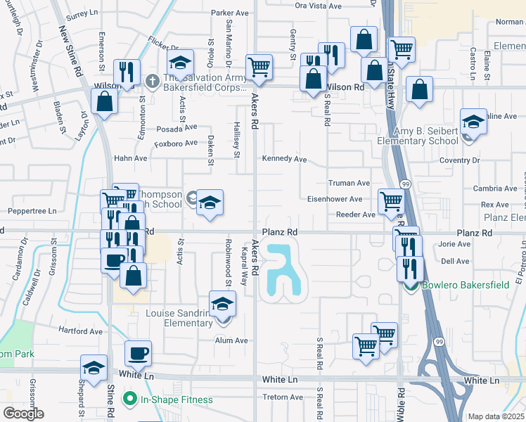 map of restaurants, bars, coffee shops, grocery stores, and more near 3818 Rickey Way in Bakersfield