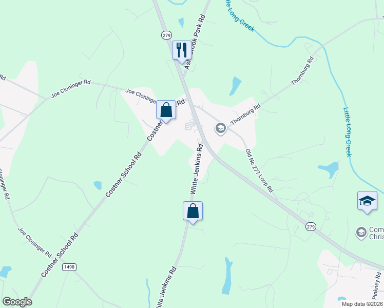 map of restaurants, bars, coffee shops, grocery stores, and more near 1135 White Jenkins Road in Bessemer City