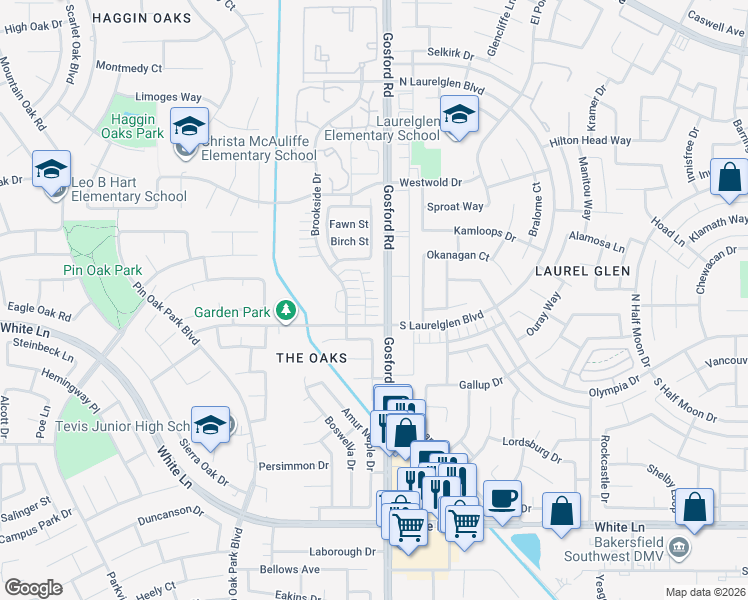 map of restaurants, bars, coffee shops, grocery stores, and more near 3116 Gosford Road in Bakersfield