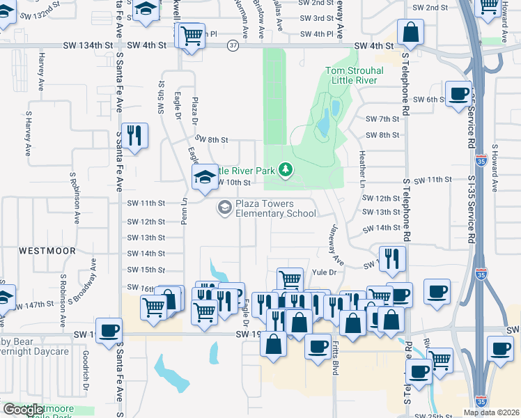 map of restaurants, bars, coffee shops, grocery stores, and more near 1201 MacAlpine Street in Moore
