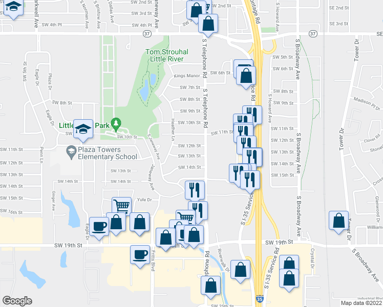 map of restaurants, bars, coffee shops, grocery stores, and more near 617 Southwest 13th Street in Moore