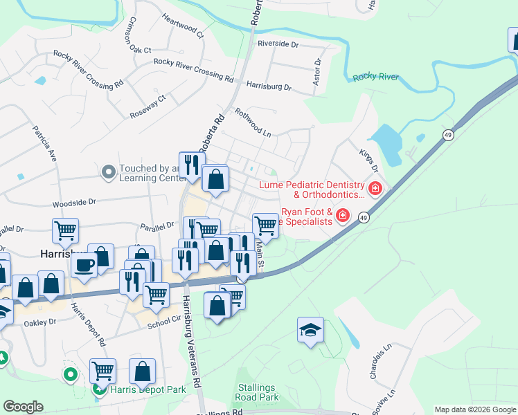 map of restaurants, bars, coffee shops, grocery stores, and more near 6350 Town Hall Place in Harrisburg