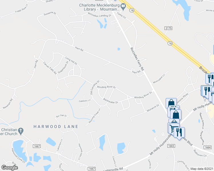 map of restaurants, bars, coffee shops, grocery stores, and more near 2621 Winding River Drive in Charlotte
