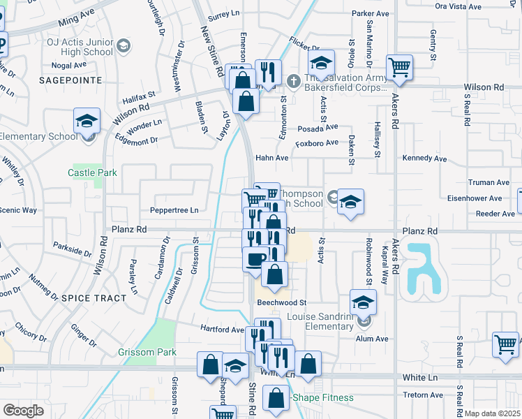 map of restaurants, bars, coffee shops, grocery stores, and more near in Bakersfield