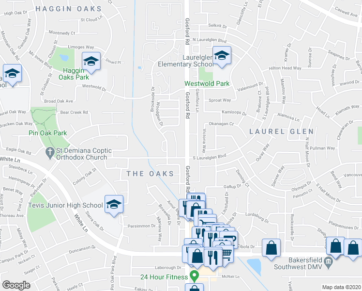 map of restaurants, bars, coffee shops, grocery stores, and more near 3116 Gosford Road in Bakersfield