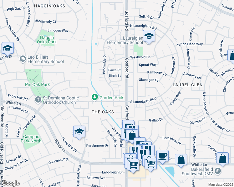 map of restaurants, bars, coffee shops, grocery stores, and more near 3106 Brookside Drive in Bakersfield