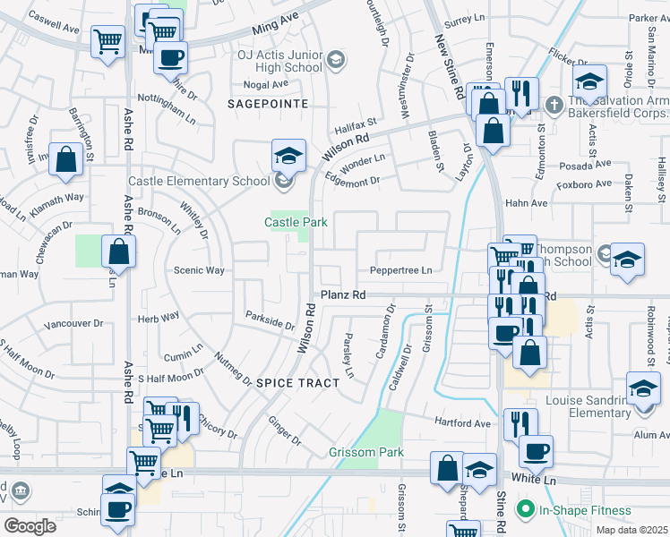 map of restaurants, bars, coffee shops, grocery stores, and more near 5400 Planz Road in Bakersfield