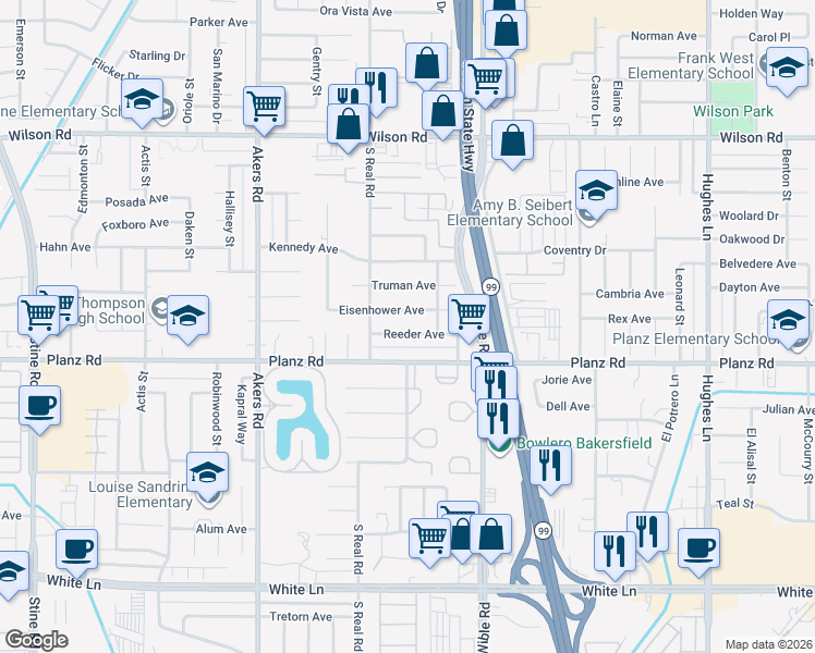 map of restaurants, bars, coffee shops, grocery stores, and more near 3520 Reeder Avenue in Bakersfield