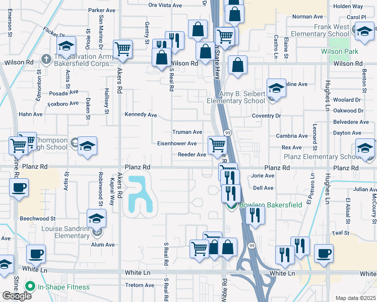 map of restaurants, bars, coffee shops, grocery stores, and more near 3520 Reeder Avenue in Bakersfield