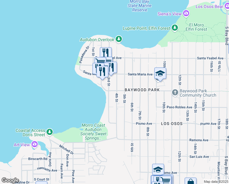 map of restaurants, bars, coffee shops, grocery stores, and more near 1390 4th Street in Baywood-Los Osos