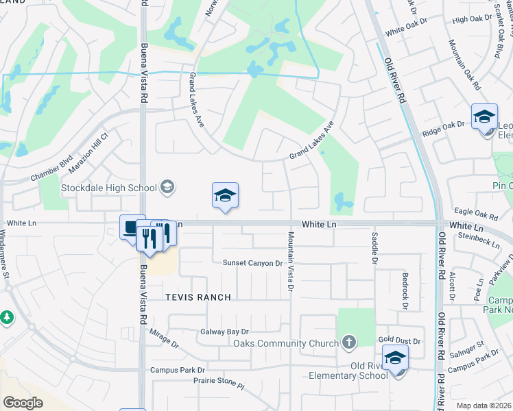 map of restaurants, bars, coffee shops, grocery stores, and more near 10614 Cliffside Street in Bakersfield