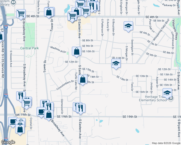 map of restaurants, bars, coffee shops, grocery stores, and more near 901 Southeast 13th Street in Moore