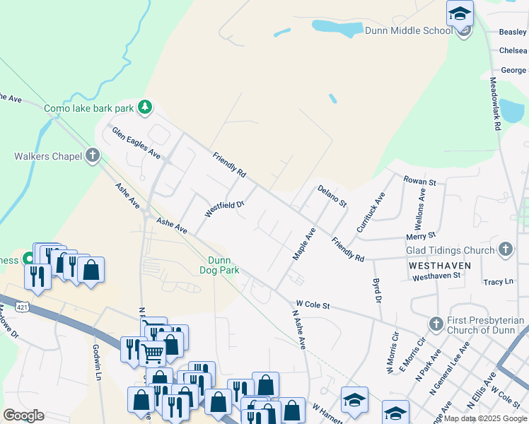 map of restaurants, bars, coffee shops, grocery stores, and more near 322 Village Square Drive in Dunn