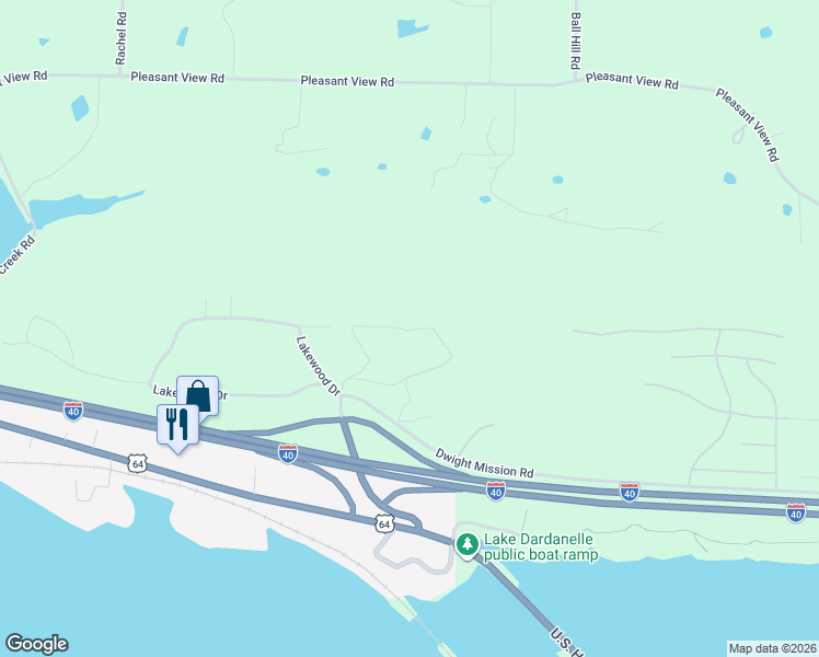map of restaurants, bars, coffee shops, grocery stores, and more near 425 Rain Bow Road in Russellville