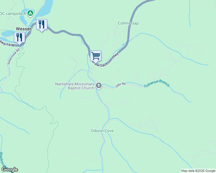 map of restaurants, bars, coffee shops, grocery stores, and more near 85 Dills Road in Bryson City