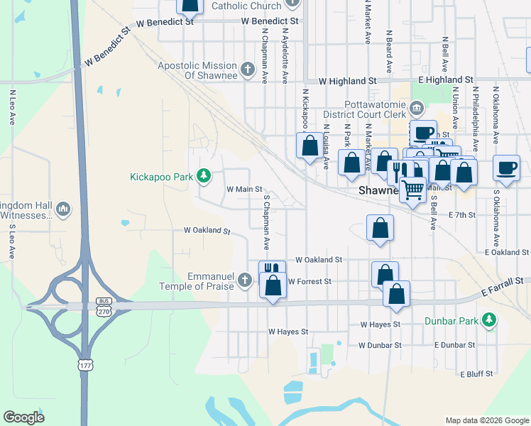 map of restaurants, bars, coffee shops, grocery stores, and more near South Chapman Avenue in Shawnee
