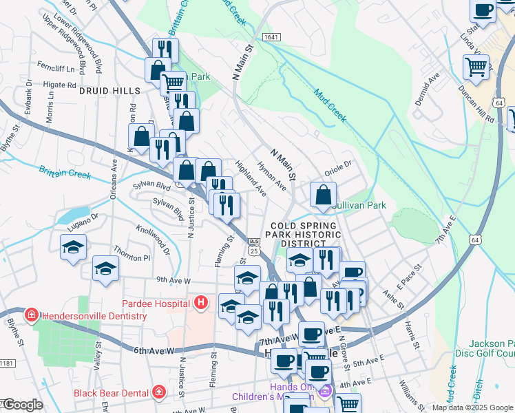 map of restaurants, bars, coffee shops, grocery stores, and more near 322 Killarney Street in Hendersonville
