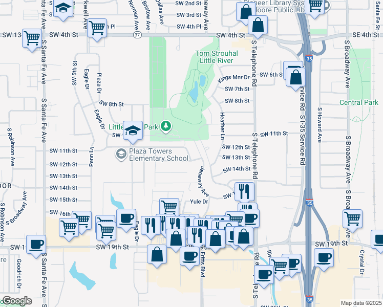 map of restaurants, bars, coffee shops, grocery stores, and more near 667 Southwest 11th Street in Moore