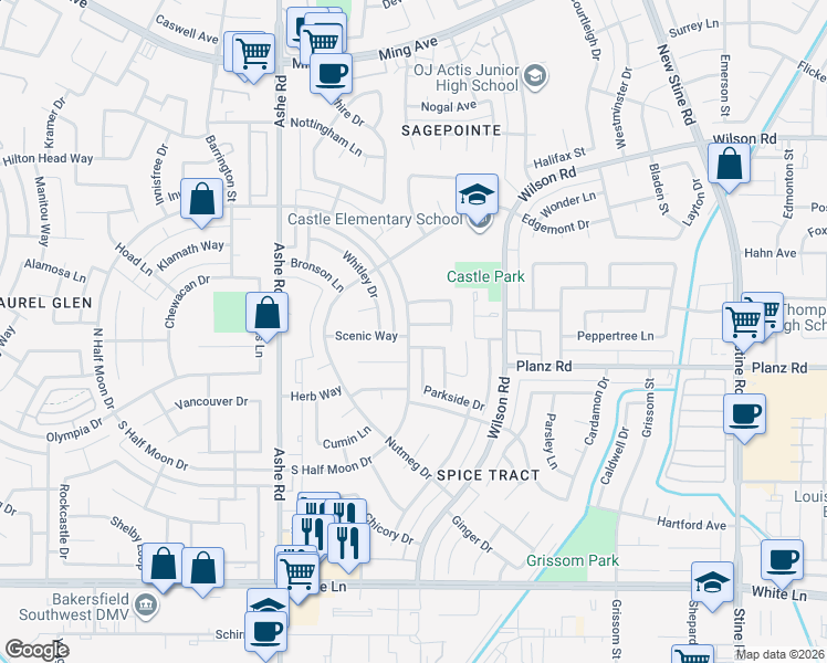 map of restaurants, bars, coffee shops, grocery stores, and more near 3109 North Half Moon Drive in Bakersfield
