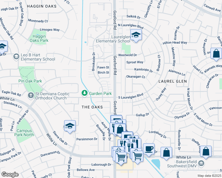 map of restaurants, bars, coffee shops, grocery stores, and more near 3116 Gosford Road in Bakersfield