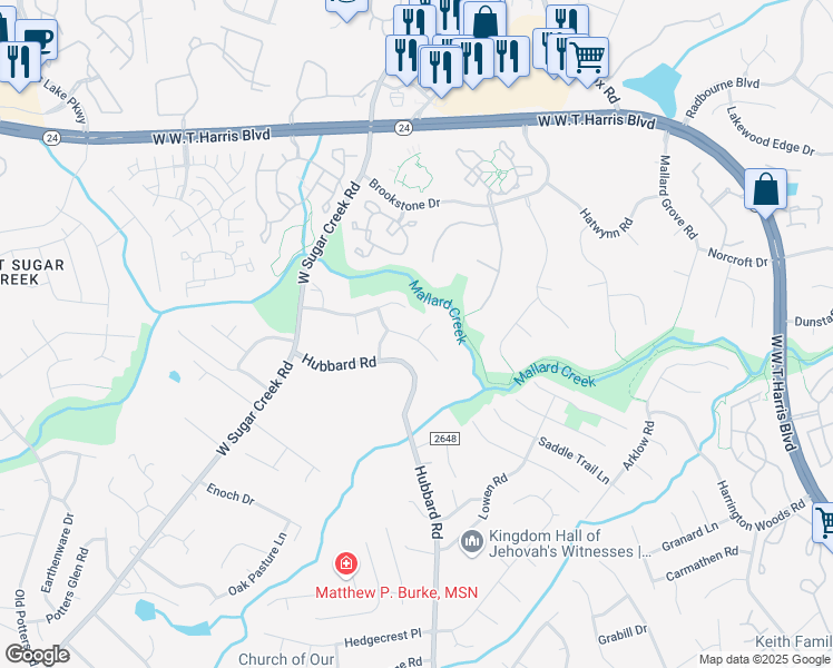 map of restaurants, bars, coffee shops, grocery stores, and more near 7210 Toxaway Lane in Charlotte