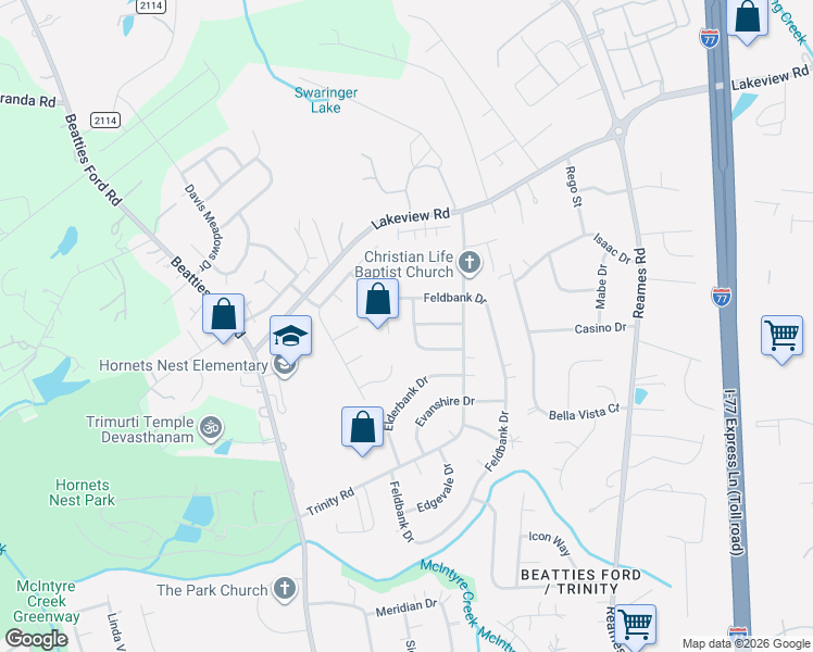 map of restaurants, bars, coffee shops, grocery stores, and more near 9934 Rockmeadow Drive in Charlotte