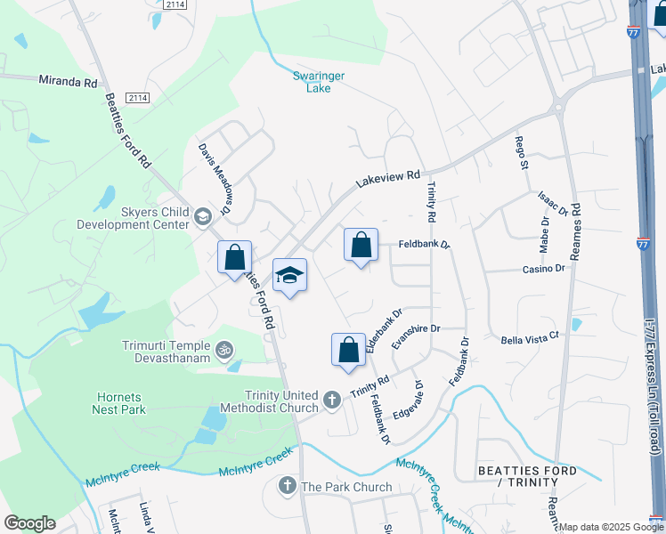 map of restaurants, bars, coffee shops, grocery stores, and more near 9709 Emily Lane in Charlotte