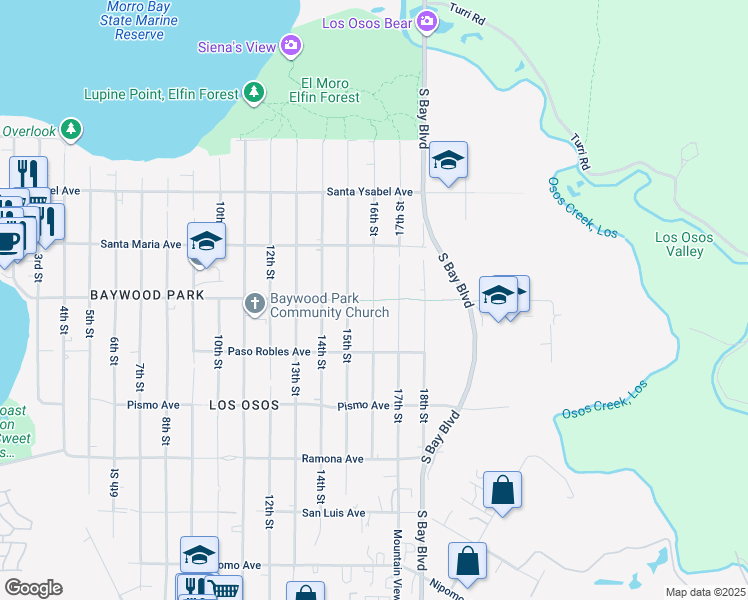 map of restaurants, bars, coffee shops, grocery stores, and more near 16th Street in Baywood-Los Osos