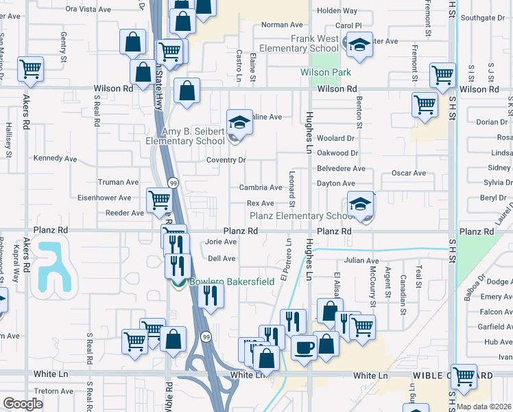map of restaurants, bars, coffee shops, grocery stores, and more near 2814 Rex Avenue in Bakersfield