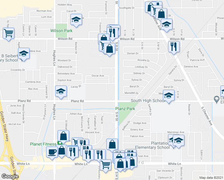 map of restaurants, bars, coffee shops, grocery stores, and more near 3139 South H Street in Bakersfield
