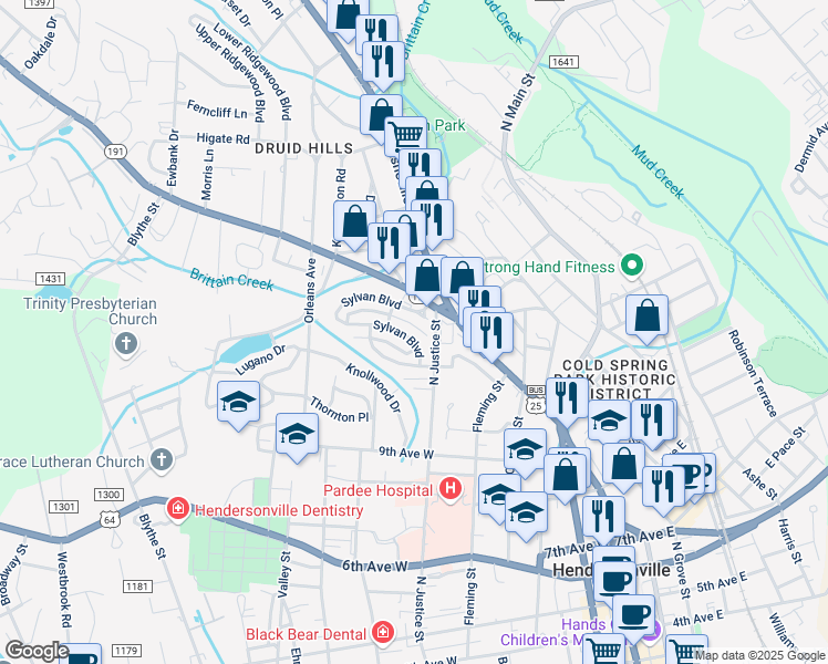 map of restaurants, bars, coffee shops, grocery stores, and more near 570 Buena Vista Lane in Hendersonville