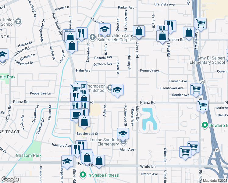 map of restaurants, bars, coffee shops, grocery stores, and more near 4200 Planz Road in Bakersfield