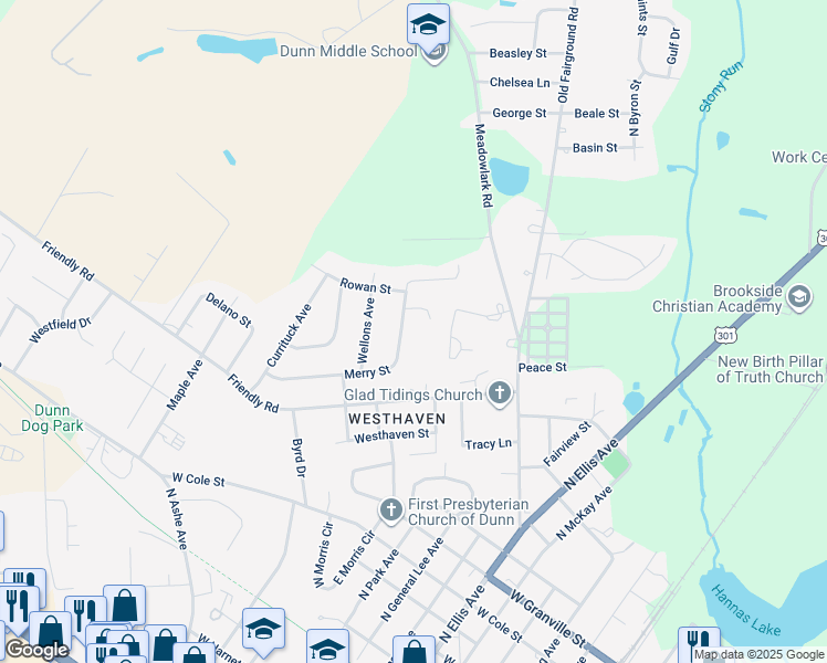 map of restaurants, bars, coffee shops, grocery stores, and more near 901 Merry Street in Dunn