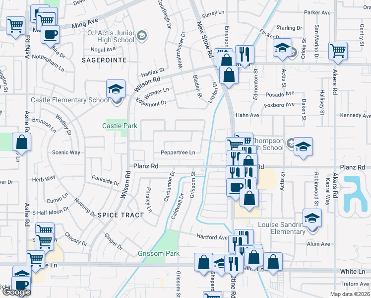 map of restaurants, bars, coffee shops, grocery stores, and more near 5308 Peppertree Lane in Bakersfield